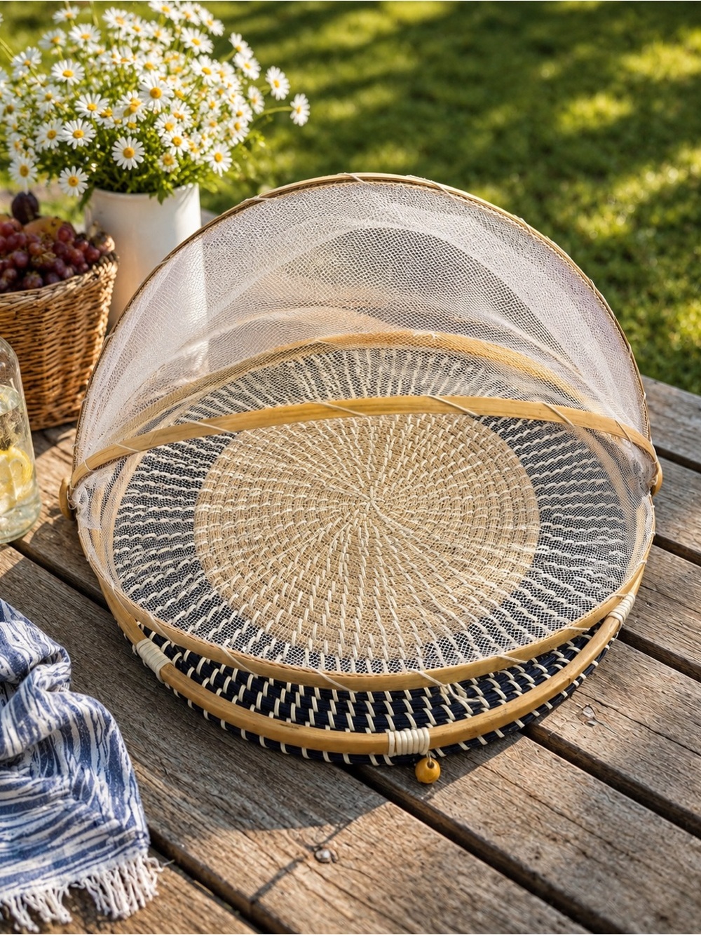 Round Woven Serving Tray in Natural and Navy